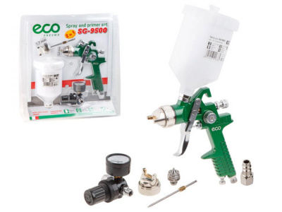 Краскораспылитель ECO SG-9500 с манометром (HVLP, сопло ф 1.4, 1.7 мм, верх. бак 600 мл, блистер) (SG-9500HSTMU)